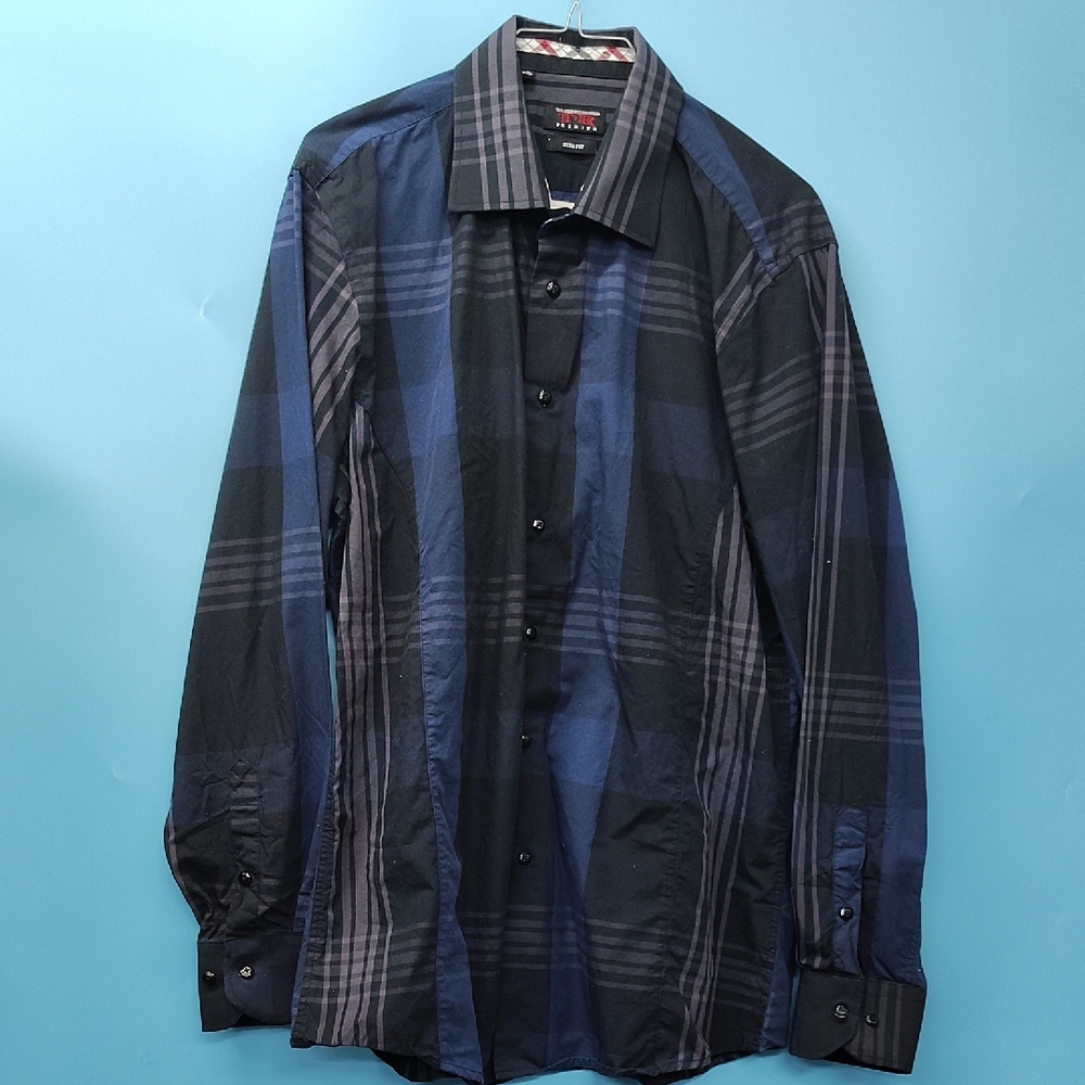 Men's Blue and Black Plaid Casual Button Down Shirt